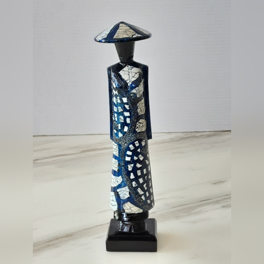 Vietnamese Ao Dai Sculptured Blue | Black Mosaic Style Lacquered Figurine 9.5"